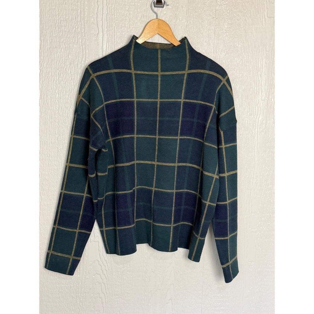 Tahari Womens XL Green Navy Blue Plaid Mock Neck Knit Sweater Gold Metallic